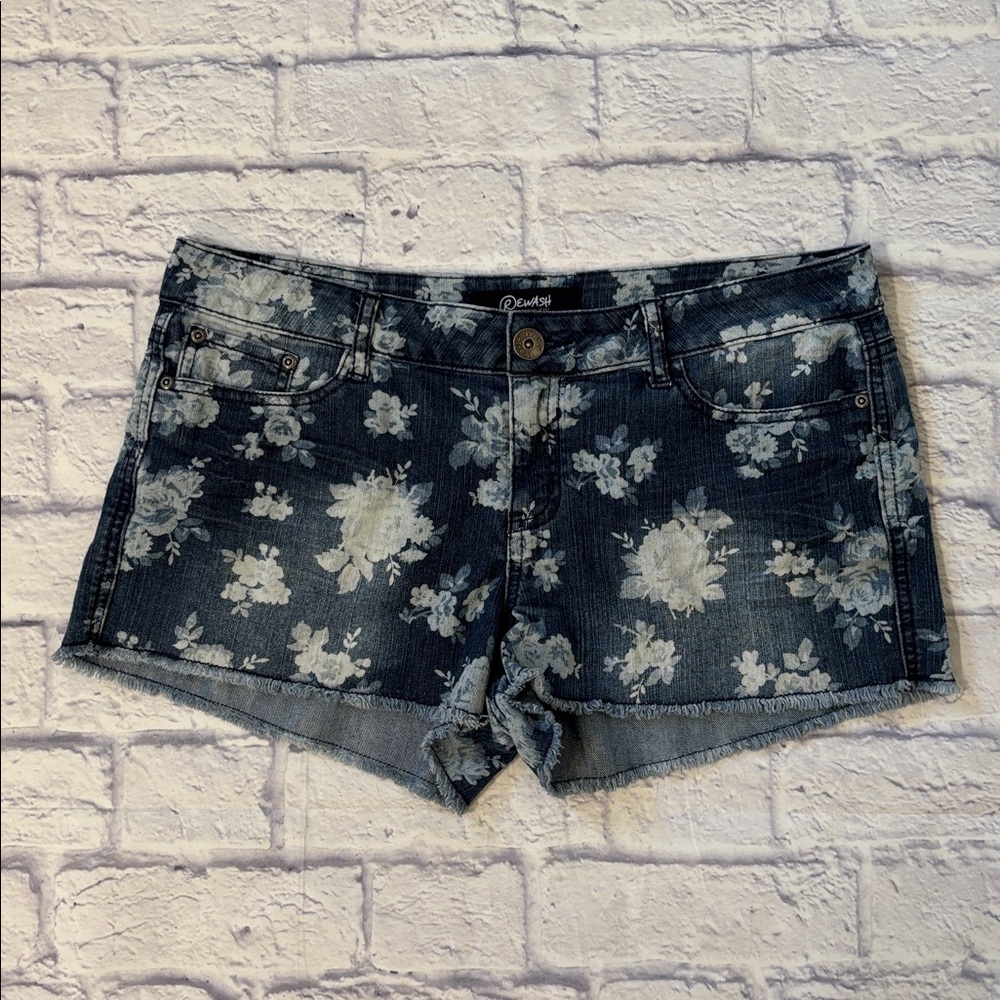 Rewash Blue Floral Denim Jean Shorts Raw Cut Off Hems Size 13